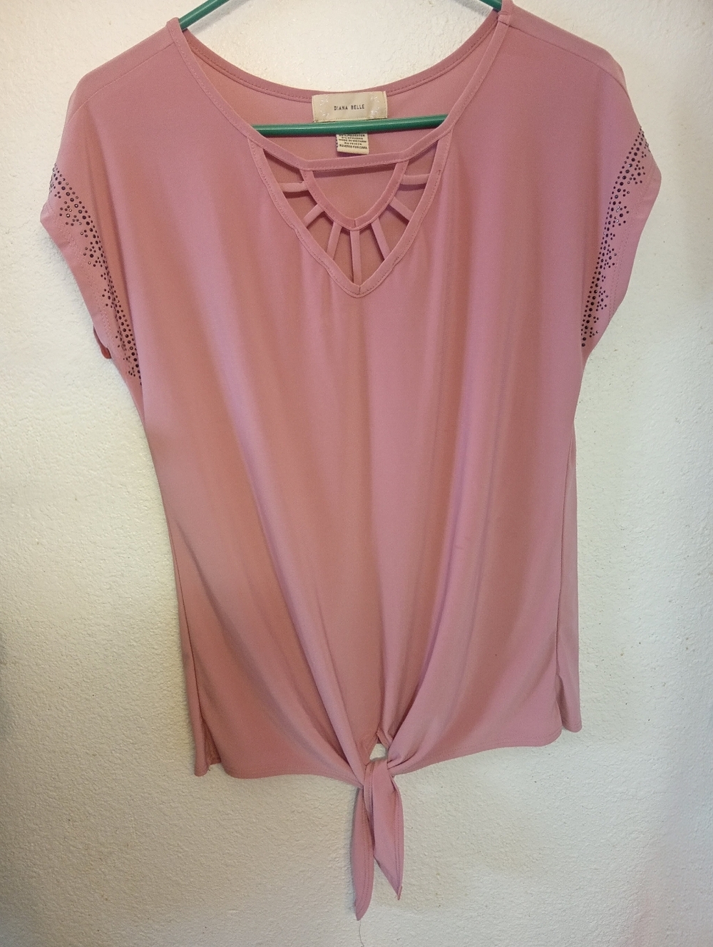 Diana Belle Small Pink Lattice Neck Blouse Beaded Sleeve Tie Front Top